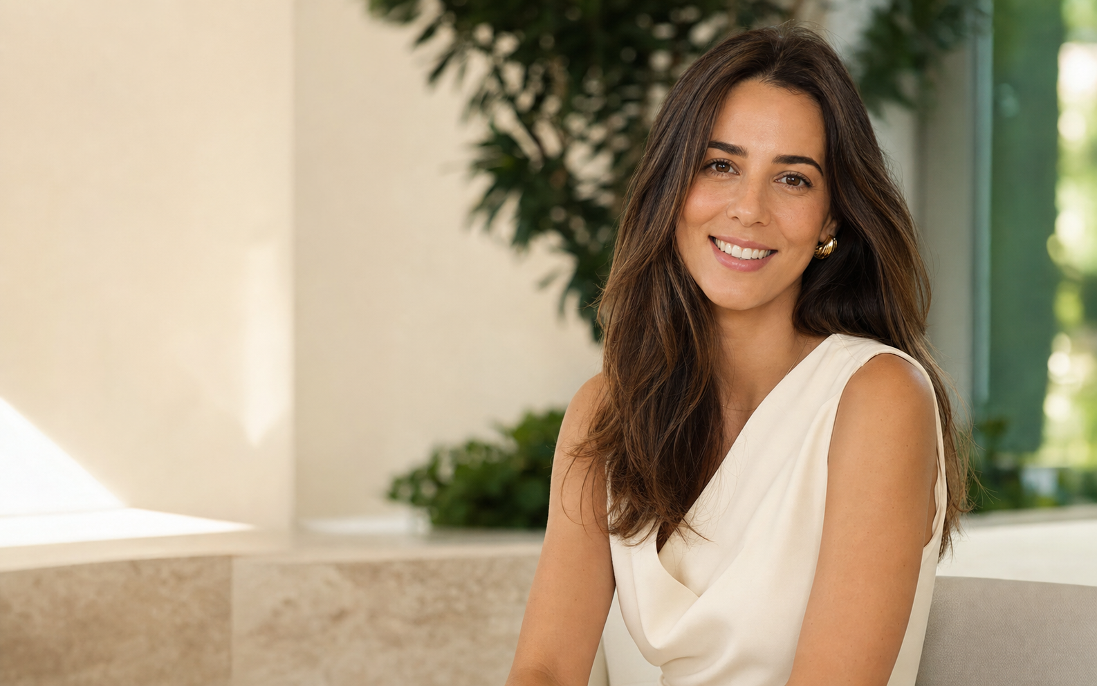 Mulher sorrindo com naturalidade em ambiente sofisticado