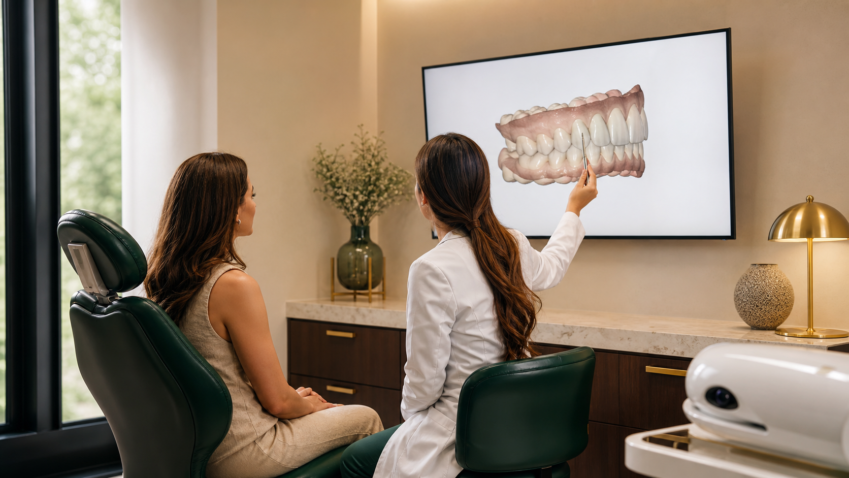 Dentista apresentando planejamento digital do sorriso
